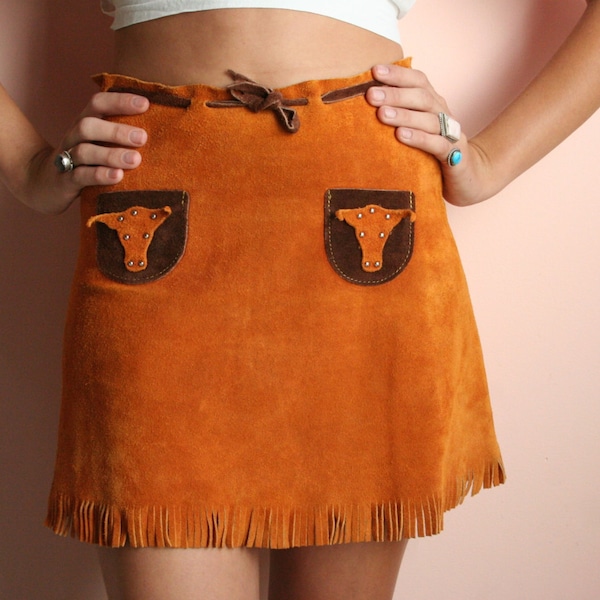 60's Mini Skirt / Copper Brown Festival Skirt / Steer Studded Pockets / Leather Mod Skirt / Haute Hippie Mini Skirt / Sixties Mini Skirt