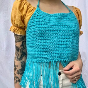 y2k Knit Halter Top / Aqua Blue Cotton Crochet Crop Top / Open Back Summer Top image 7