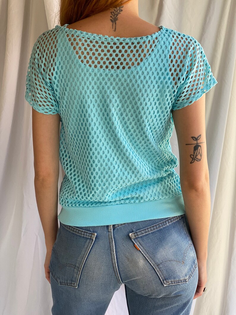 80's Mesh Shirt / Netted Sheer shirt / Mesh Summer Top / See Through Floral Shirt / Beach Cover Up / Aqua Blue Layer Shirt image 8