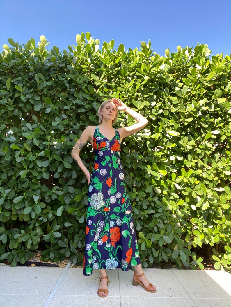 1970s Open Back Sundress / Open Back Halter Dress / Large Floral Print Maxi Dress / Jersey Knit Dress / Wedding Guest Maxi Dress image 1