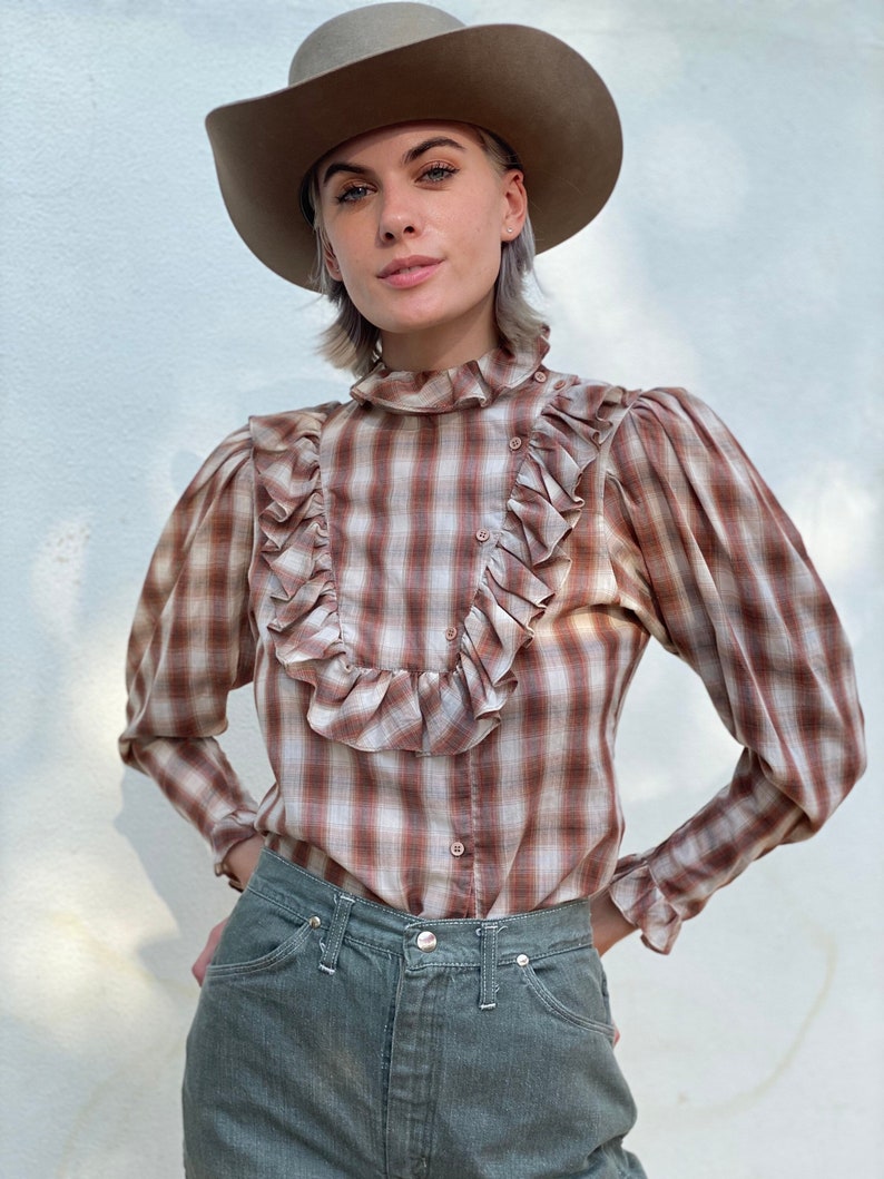 1970's Western Plaid Blouse / Frilly Yoke Western Cotton Shirt / 1970's High Neckline Shirt with Mutton Sleeves image 1