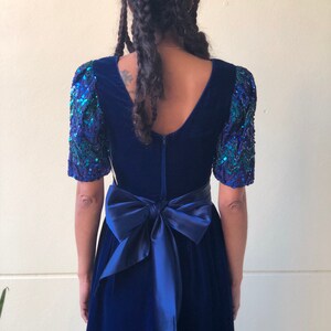 Vintage Velvet Dress / Puffed Sleeve Midi Dress / Blue Crushed Velvet / Haute Hippie Midi Dress / Zig Zag Green and Blue Sequin Dress image 5