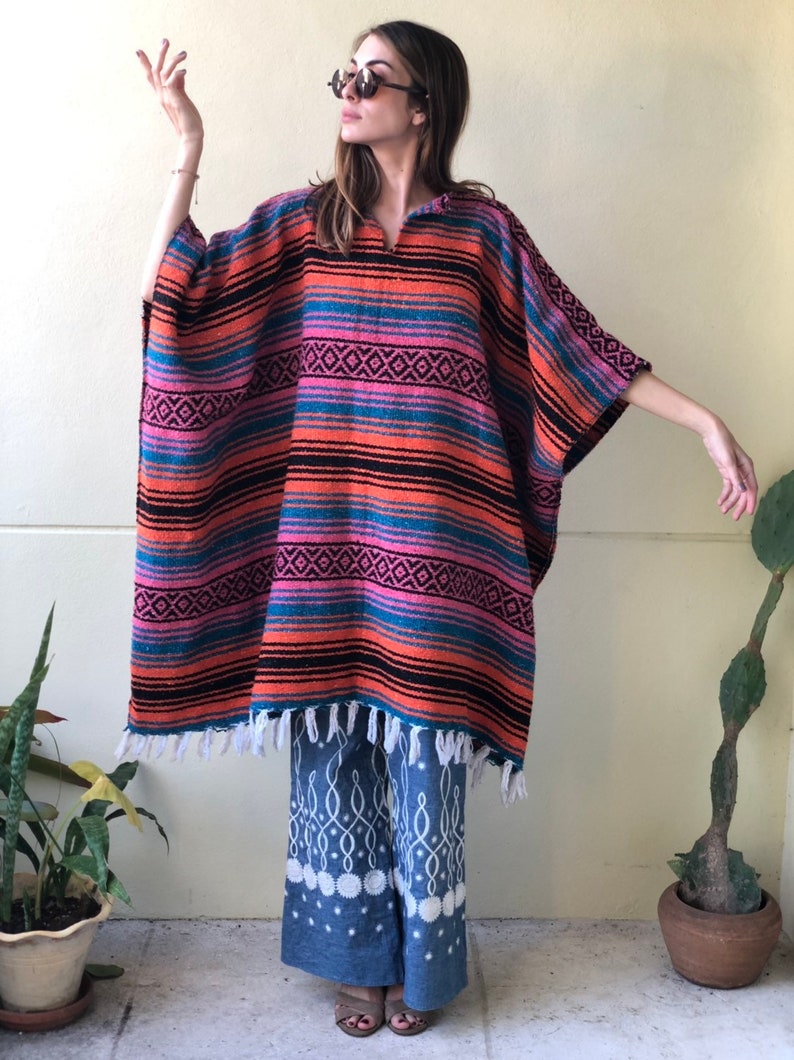 Vintage Wool Poncho / 1970's Knit Top / Mexican Blanket | Etsy