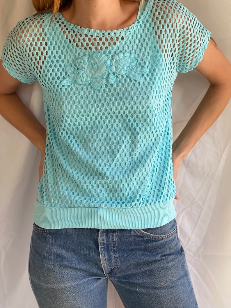 80's Mesh Shirt / Netted Sheer shirt / Mesh Summer Top / See Through Floral Shirt / Beach Cover Up / Aqua Blue Layer Shirt image 6