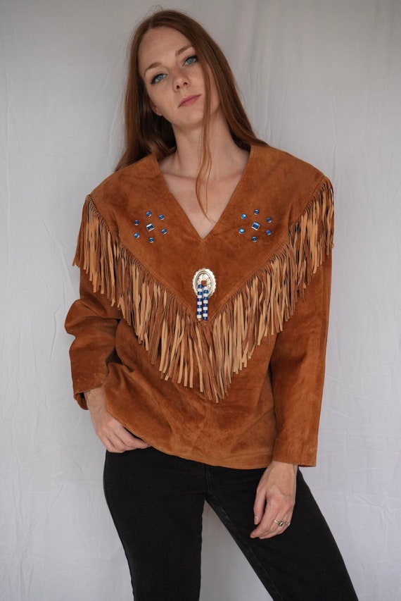 Suede Leather Fringe Shirt / 90's Leather Top / S… - image 1