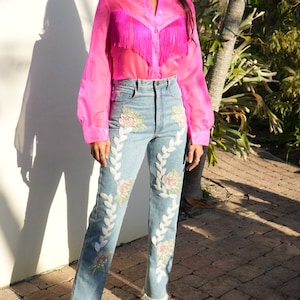 y2k Vintage Jeans / Perlen verzierte Jeans mit Blumenmuster / Neunziger Jahre Jeans in hellblauer Waschung / High Waist Jeans mit geradem Bein