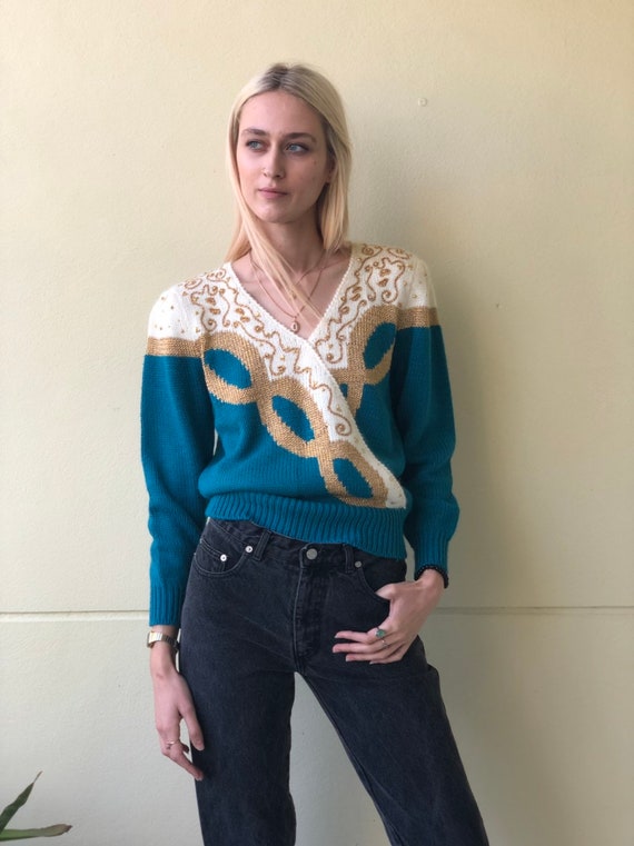 Vintage 80's Beaded Sweater / Blue Gold and Cream 