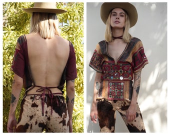 1960's Incredible Patchwork Open Back Top with Mirrors / 1960's Haute Hippie Stagewear with Strappy Open Back