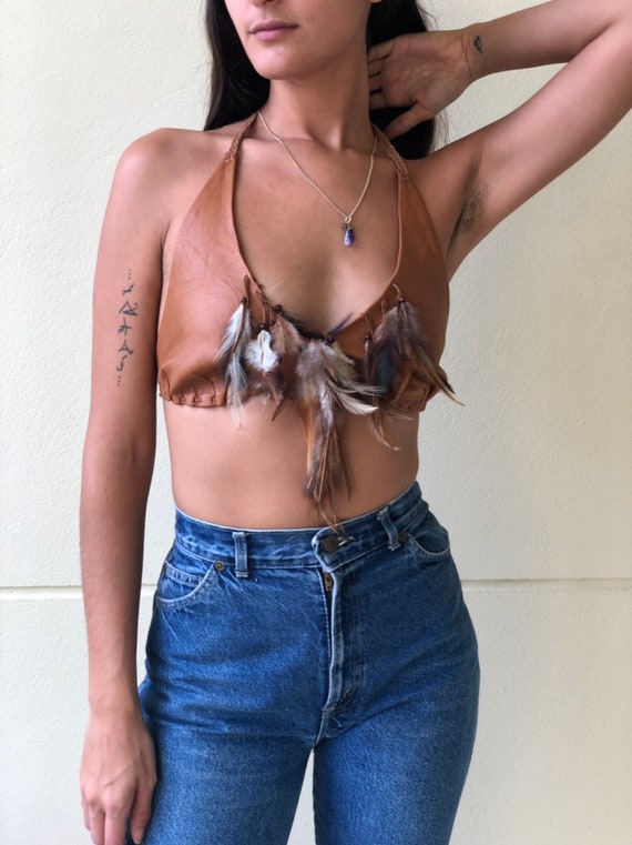 1970s Leather Halter Bra / Feathers and Fringe / C