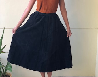 Vintage Suede Skirt / Leather Full Skirt / Vintage Black Suede Leather Skirt / A line Skirt / Elastic Waist Skirt