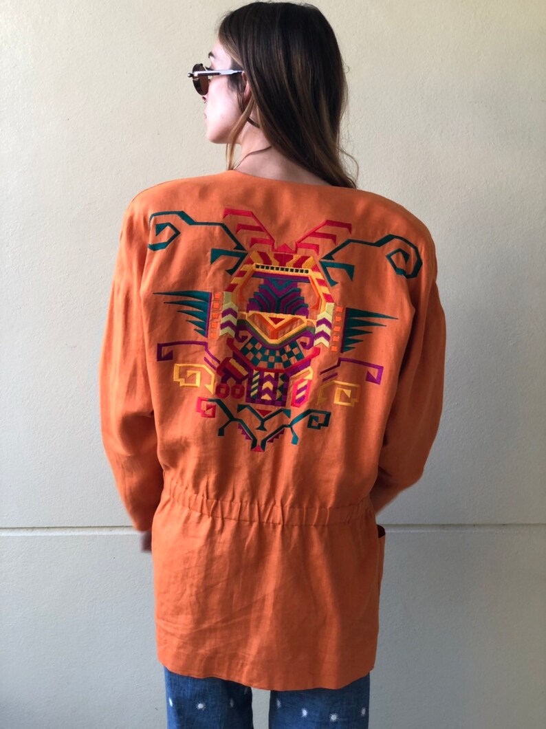 Oversized Jacket / Vintage Linen Jacket / 90's Southwest Vintage Jacket / Embroidered Orange Cotton Blazer / Linda Allard for Ellen Tracy image 6