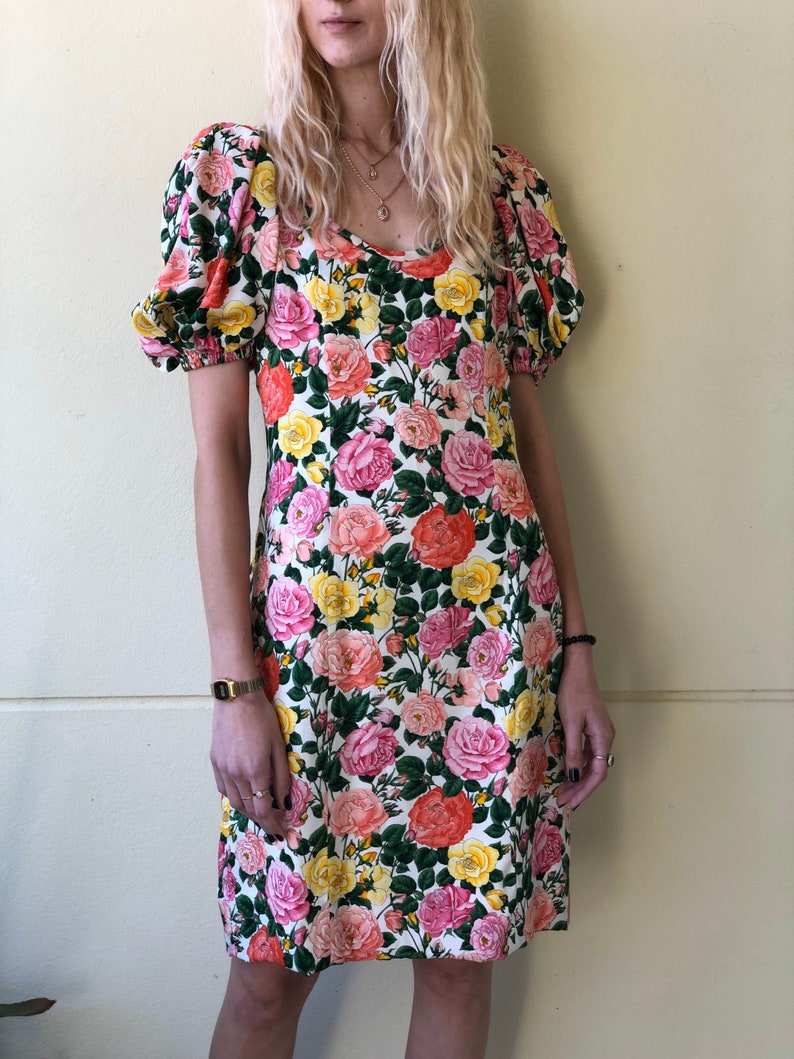 Iconic Spring 1992 Yves Saint Laurent Pink Floral Print Dress w Pouf Sleeves