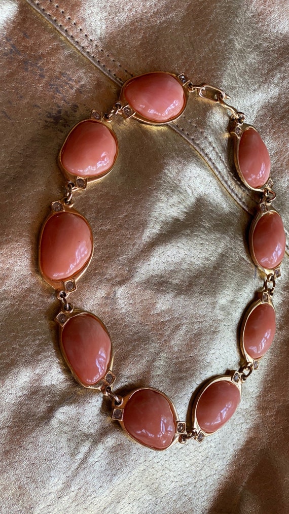 1980's Gold Rhinestone Peach Statement Necklace /… - image 3