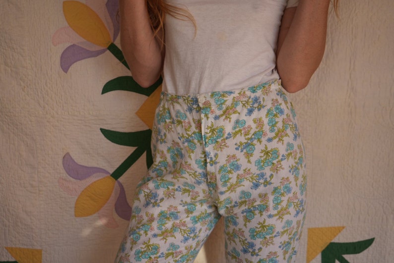 1960s Cotton Pajamas Pants / Floral Printed Cotton / Pj Trousers / Undergarments / Cotton Pajama Loungewear image 6