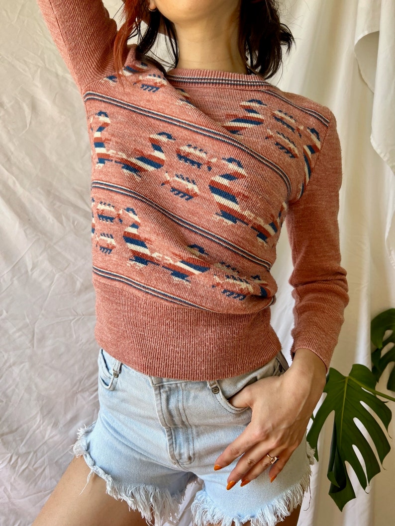 Vintage 70's Bird Sweater / Acrylic Knit Top / Seventies Jumper / Fish and Geese image 2