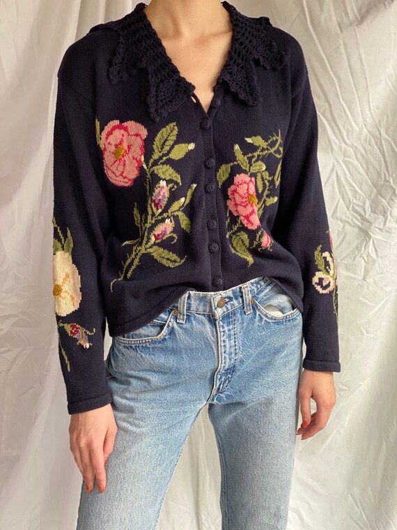 Vintage 90's Intarsia Sweater / Navy 