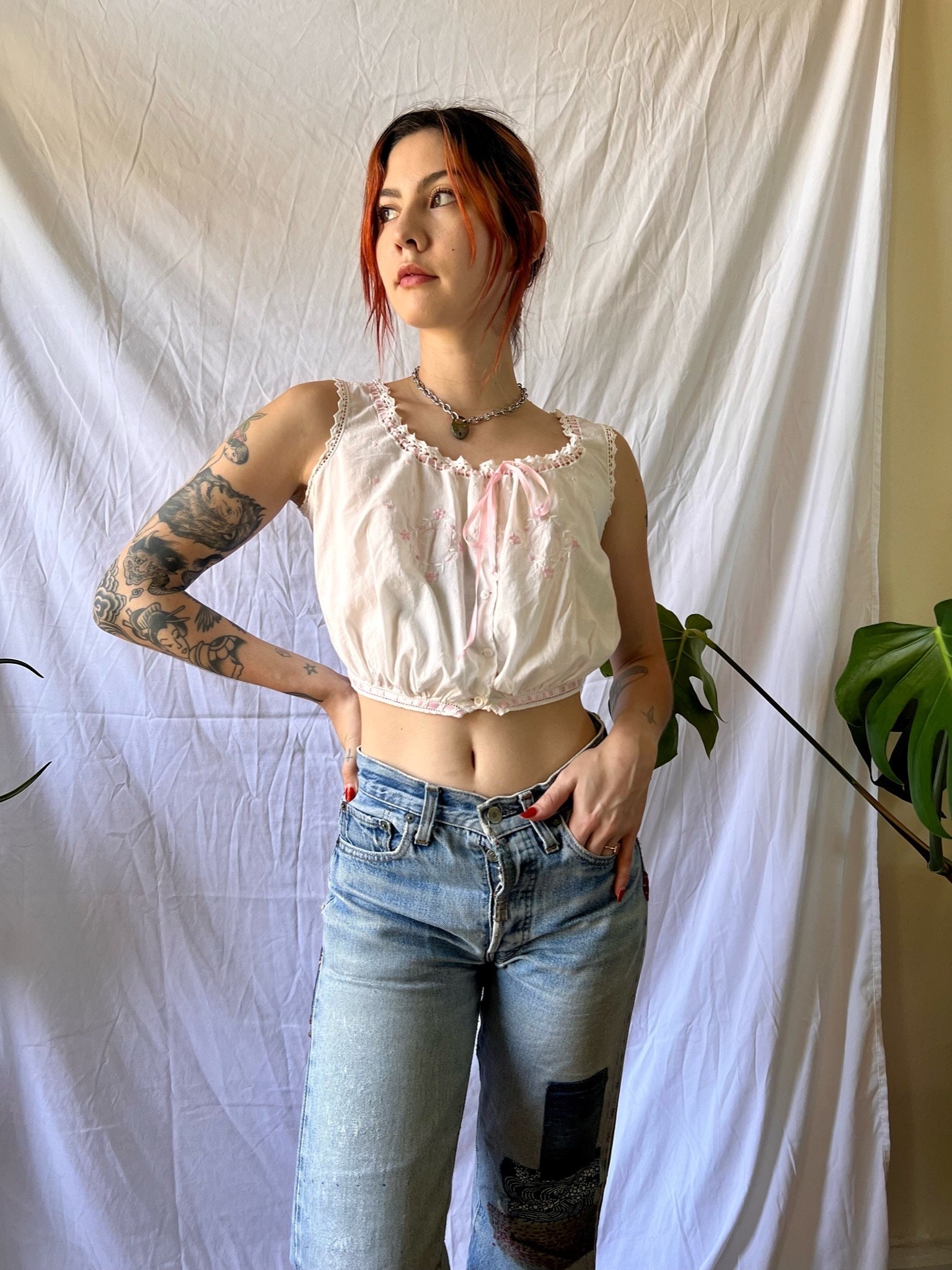 1910's Crochet Cropped Blouse / Antique Embroidered White