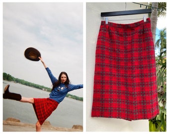 Vintage Pencil Skirt / 1960's Red Plaid Wool Skirt / Sexy Secretary CEO Hourglass Skirt / Sixties Skirt / Wiggle Dress Skirt