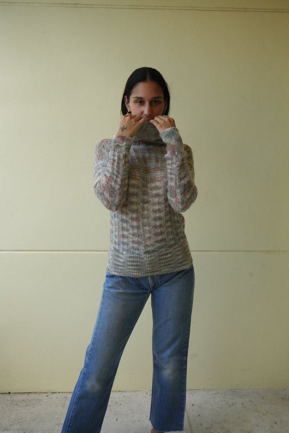 1970s Wool Turtleneck Sweater / Open Knit Top / Mo