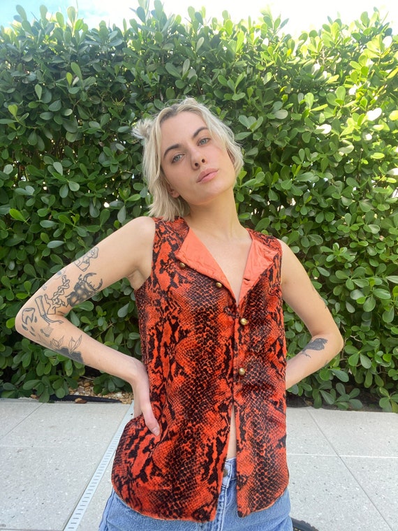 60's Velvet Vest /Reptile Printed Acid Orange Vel… - image 1