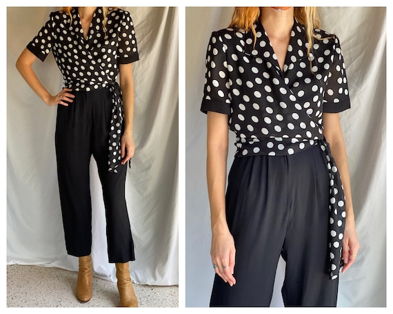 1990s Jumpsuit / Polka Dot Wrap Top Onesie / Ones… - image 1