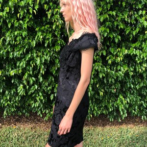 1980s Party Dress/ LBD Beaded Off the Shoulder Cocktail Dress / Scott McClintock / Avant Garde / Satin Embossed Floral / Little Black Dress image 8