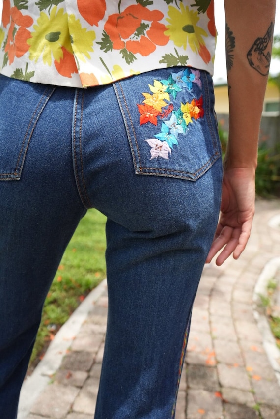 70's Embroidered Jeans / Rainbow Dark Wash Denim … - image 1