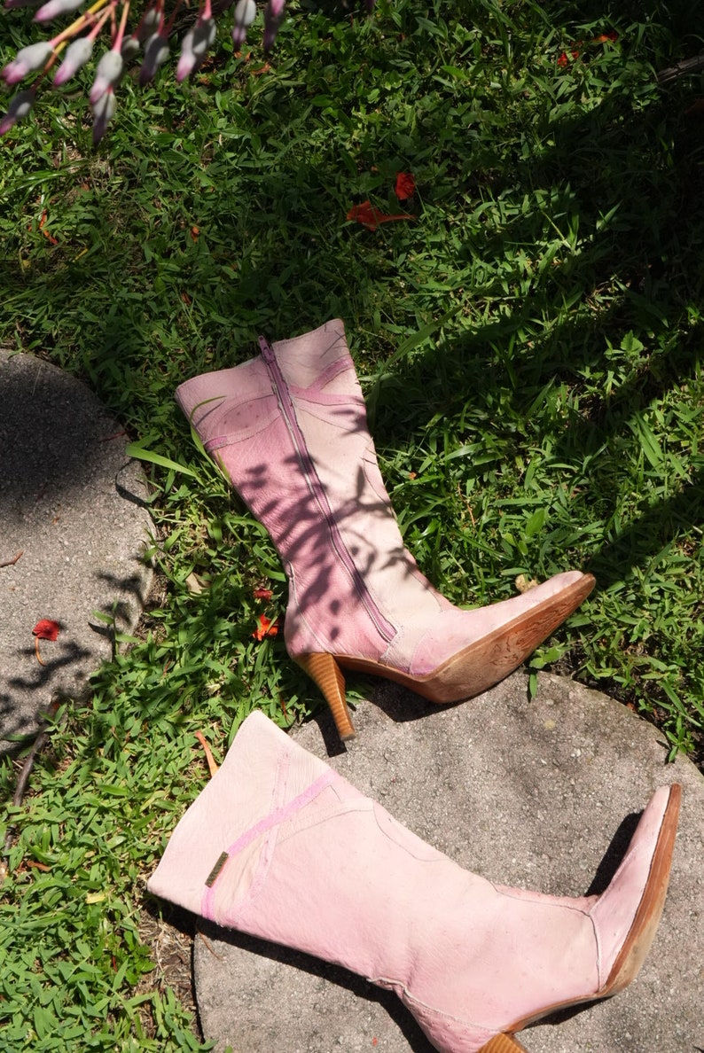 Size 5 US / y2k Pink Leather Pointed Toe Boots / Mid Calf Booties / On Trend Boots image 7