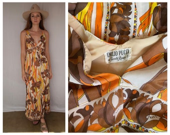 1960's Emilio Pucci Dress / Italian 60's Slip Nightgown / Modern Dress / Nylon Jersey Evening Gown / Orange and Yellow / Resortwear