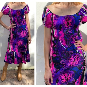Off Shoulder Dress / Wedding Guest Dress / 1960&#39;s Vintage Hawaiian Party Dress / Purple Black Magenta White Floral Print