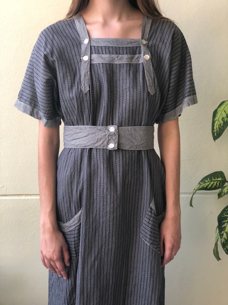 Antique Chore Dress / 1910's Cotton Workwear Tunic / Gray Calico Printed Dress / Original Workwear Dress / Teens Antique / Check Dress image 5