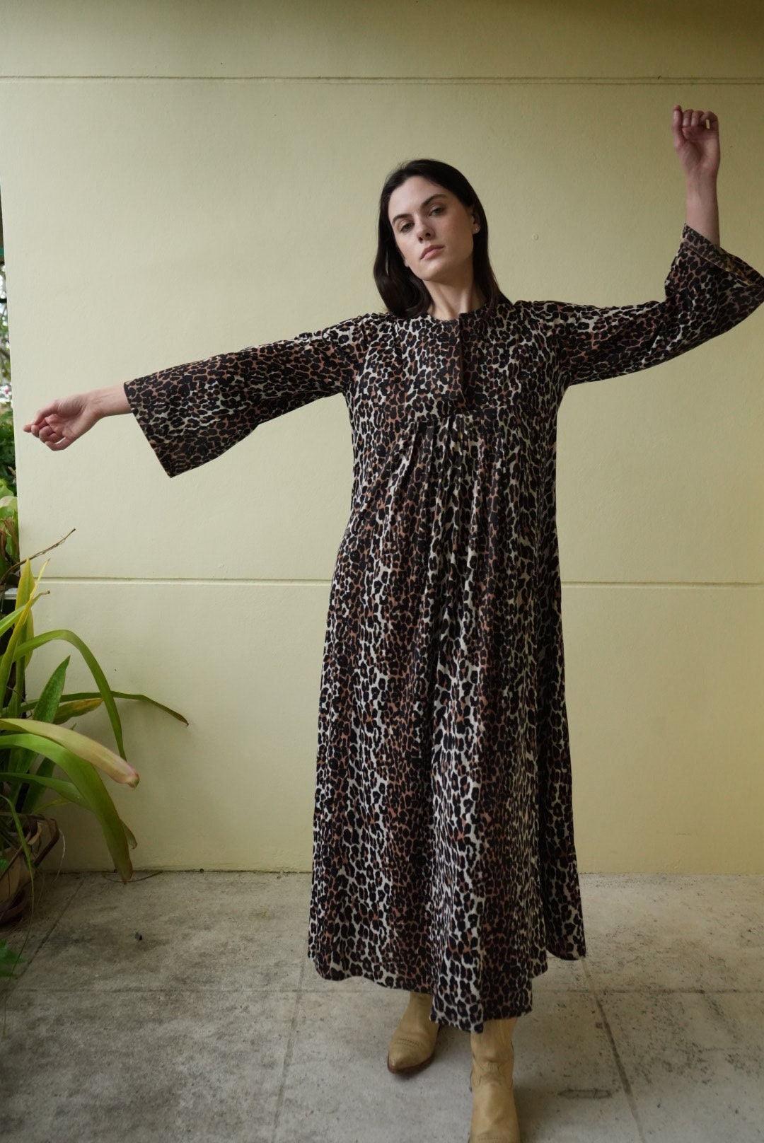 70s Leopard Printed Maxi Dress / Bell Sleeve Hostess Dress