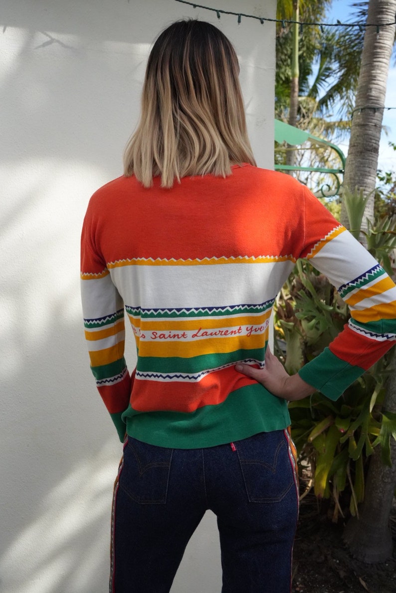 1970's Yves Saint Laurent Long Sleeve Top / Vintage 70's Stripe Jersey Pullover / Orange Green White Yellow Lightweight Shirt / Scoop Neck image 4