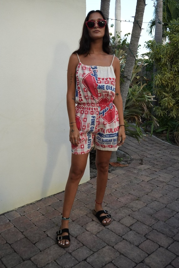 Sugar Feedsack Vintage Romper with Rope Straps / … - image 1