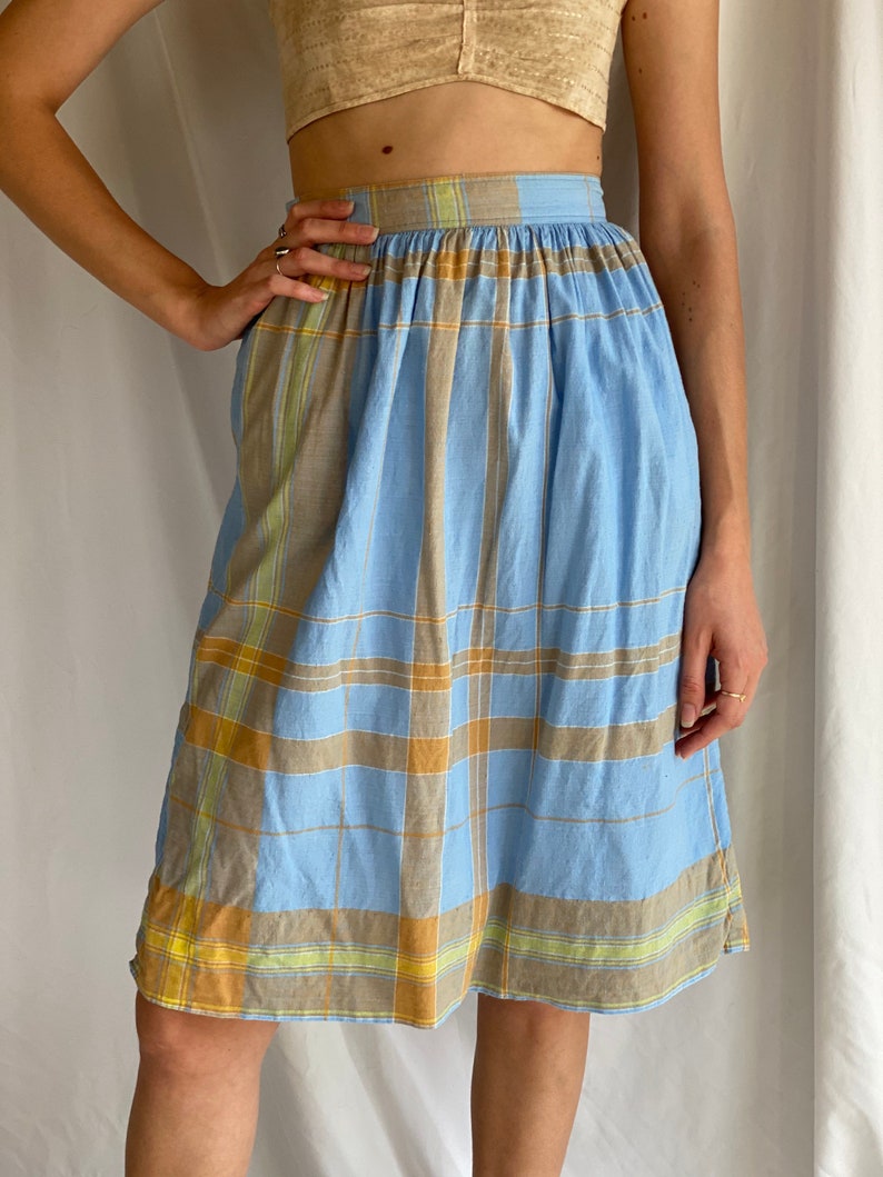 Vintage Cotton Midi Skirt / Plaid Summer Midi Skirt / Blue Orange Beige Yellow Cotton Skirt / 1970's Vintage Skirt image 3