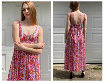 1960s Sexy Maxi Dress / Corset Bust / Resort Beachwear / Neon Orange Pink Psychedelic Print / Open Back Summer Dress