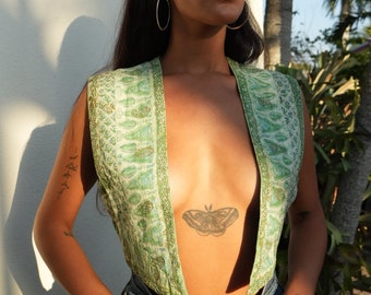 Vintage Hippie Vest / 1970's Indian Cotton Gold Stamped Waist Coat / Crop Top / Mint Green Haute Hippie Waist Coat / Bohemian