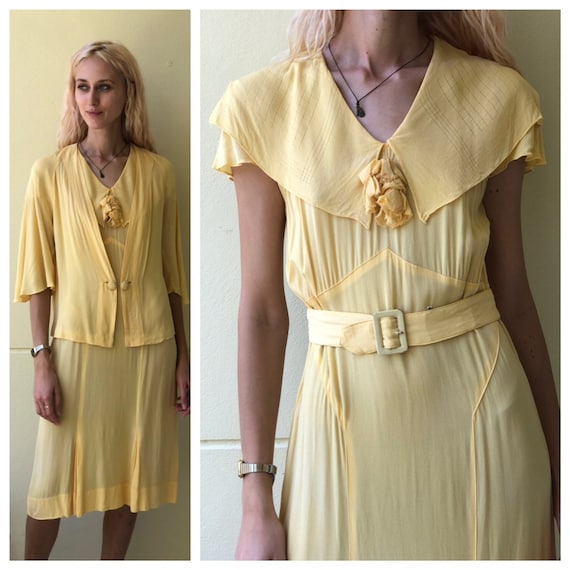 1930's Crepe Dress and Jacket Set / Lemon Meringue
