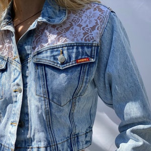 1990's Denim Jacket / Bleached Out Denim / Varsity Jacket / Cropped jean Jacket With Lace / Acid Wash Jean Jacket image 3