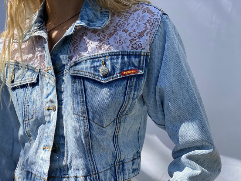 1990's Denim Jacket / Bleached Out Denim / Varsity Jacket / Cropped jean Jacket With Lace / Acid Wash Jean Jacket image 3