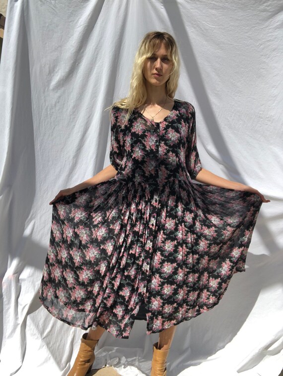 1990s Rayon Midi Dress / Baby Doll Floral Semi She