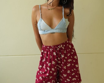 90's Shorts / Rayon High Waist Shorts / Floral Heartbreakers / Playsuit Shorts / Rayon Drawstring Shorts / Size Small-Medium-Large