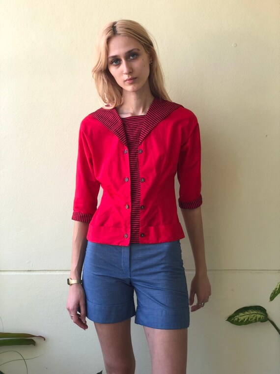 1960's Sailor Blouse / Sixties Mod Top / Blue and