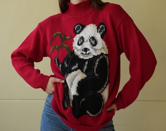 Suéter panda vintage dos anos 90 / suéter intarsia tricotado à mão / malha de gola falsa / urso panda com bambu
