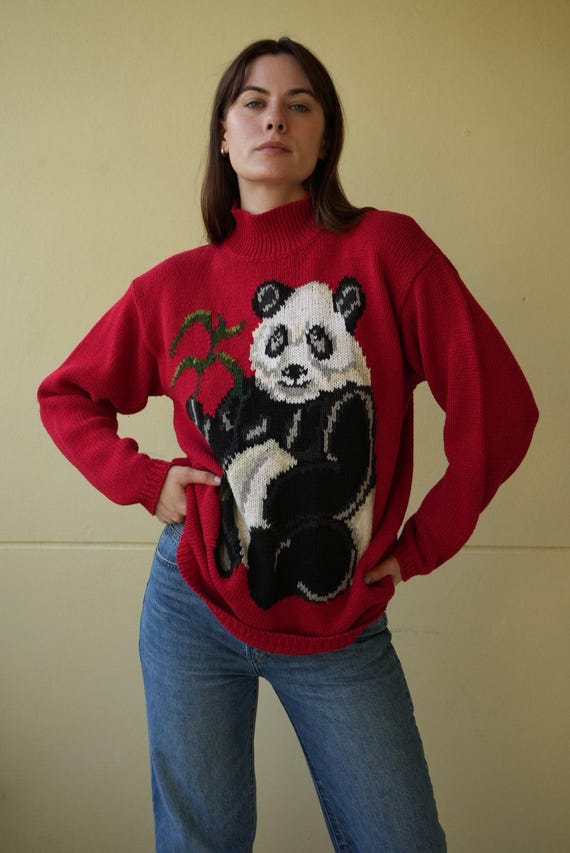 Vintage 1990's Panda Sweater Hand Knit Intarsia Sweater Mock