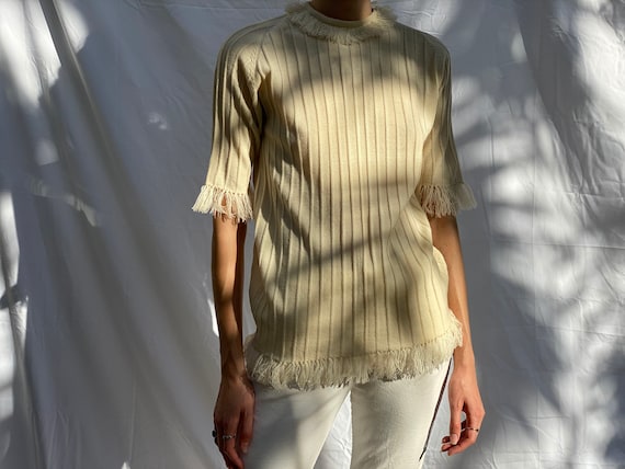 Vintage 60's Sweater / Fringe Knit Top / Mod Mock