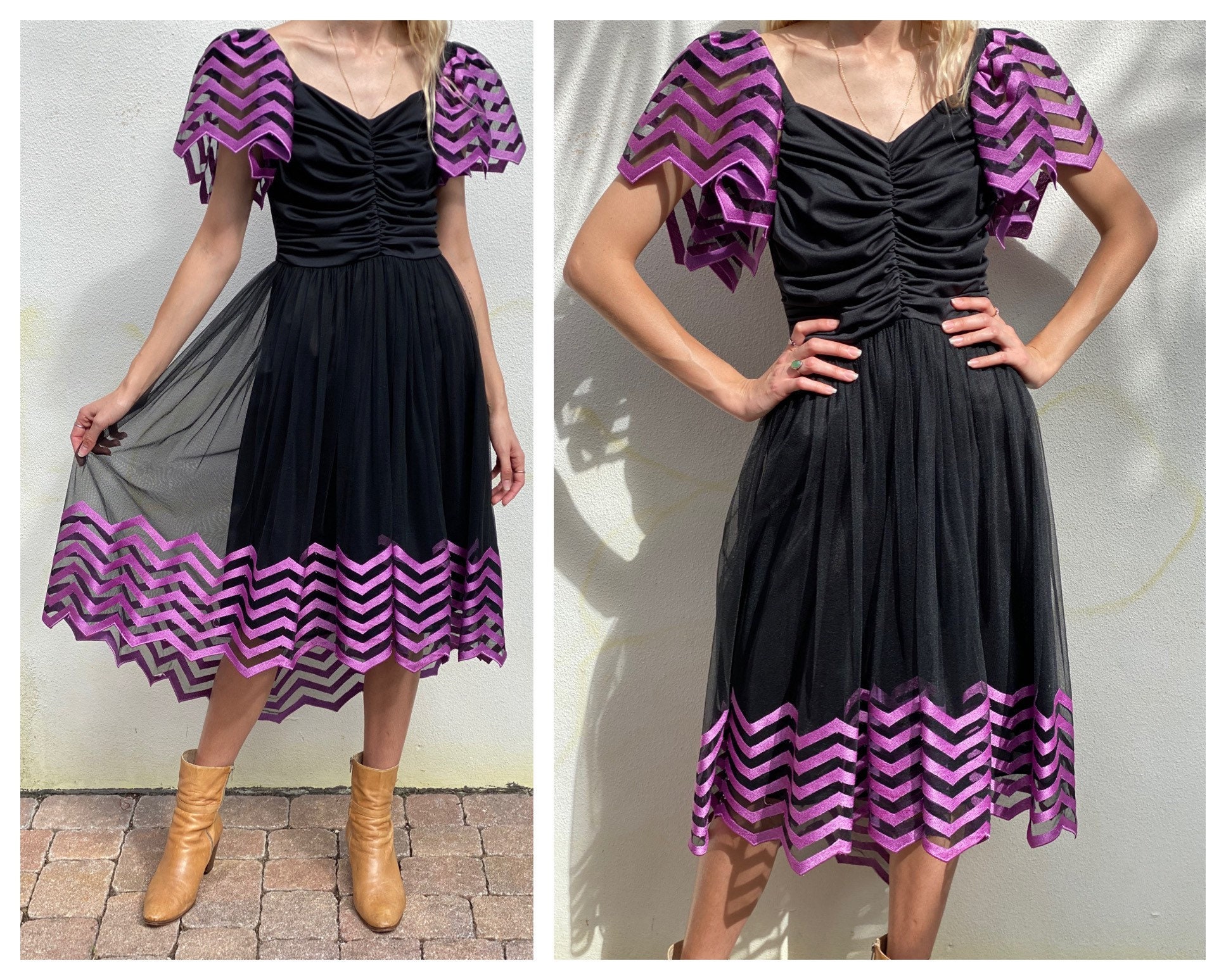 Vintage Bat Dress / 1980's Mesh Black 