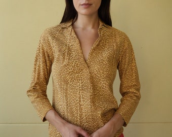 Vintage Leopard Printed Leather Shirt / Suede Leather top with Collar / basic leather shirt /