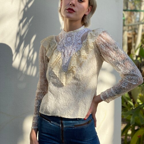 Gunne Sax Blouse / Cream Lace with Crochet Cotton High Neckline / shops 1970's 1980's Cream Top / Sheer Sleeves Victorian Look