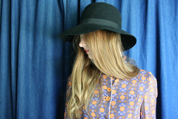 1970's Floppy Hat / Black Wool Brim Floppy Hat / S